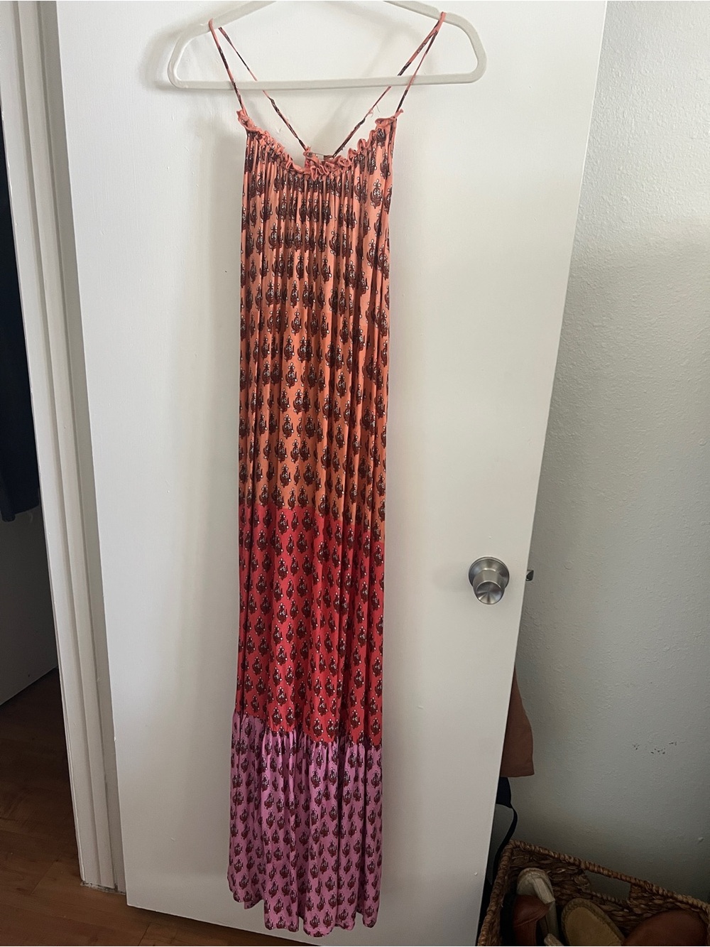 Anthropologie Coral-to-Lavender Tiered Maxi Dress with Spaghetti Straps
